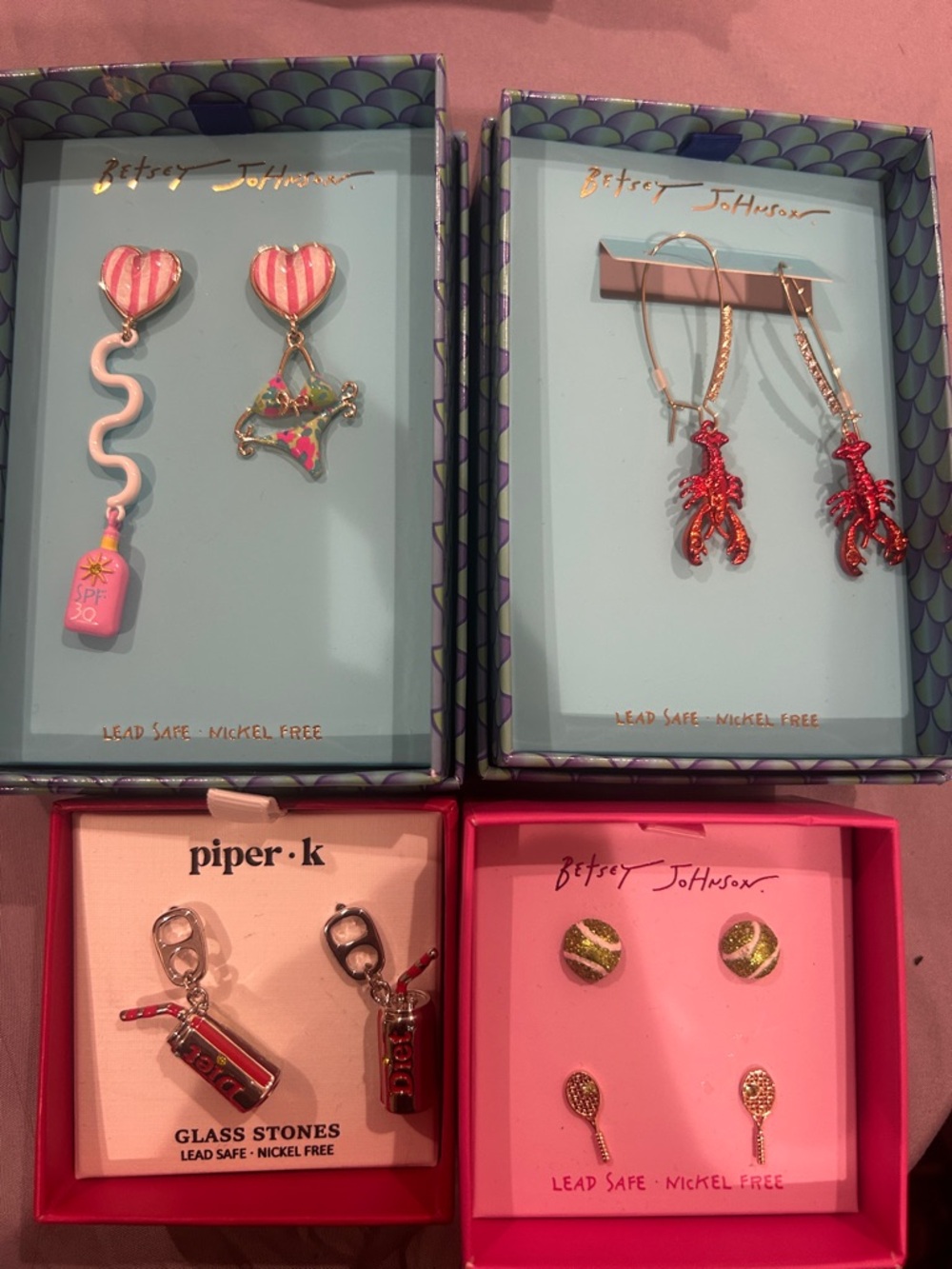 Piper K Silver Tone Enamel Coke & Straw Drop Earrings + 3 Betsy Johnson sets!!
